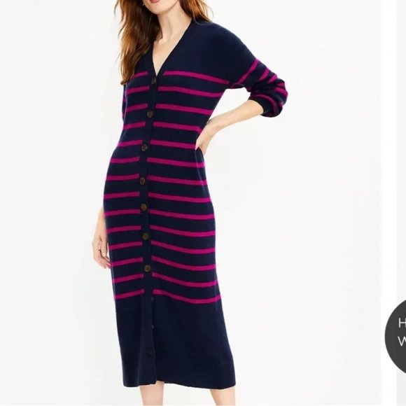 LOFT NEW navy blue & purple striped duster long cardigan sweater size SP - Picture 2 of 10